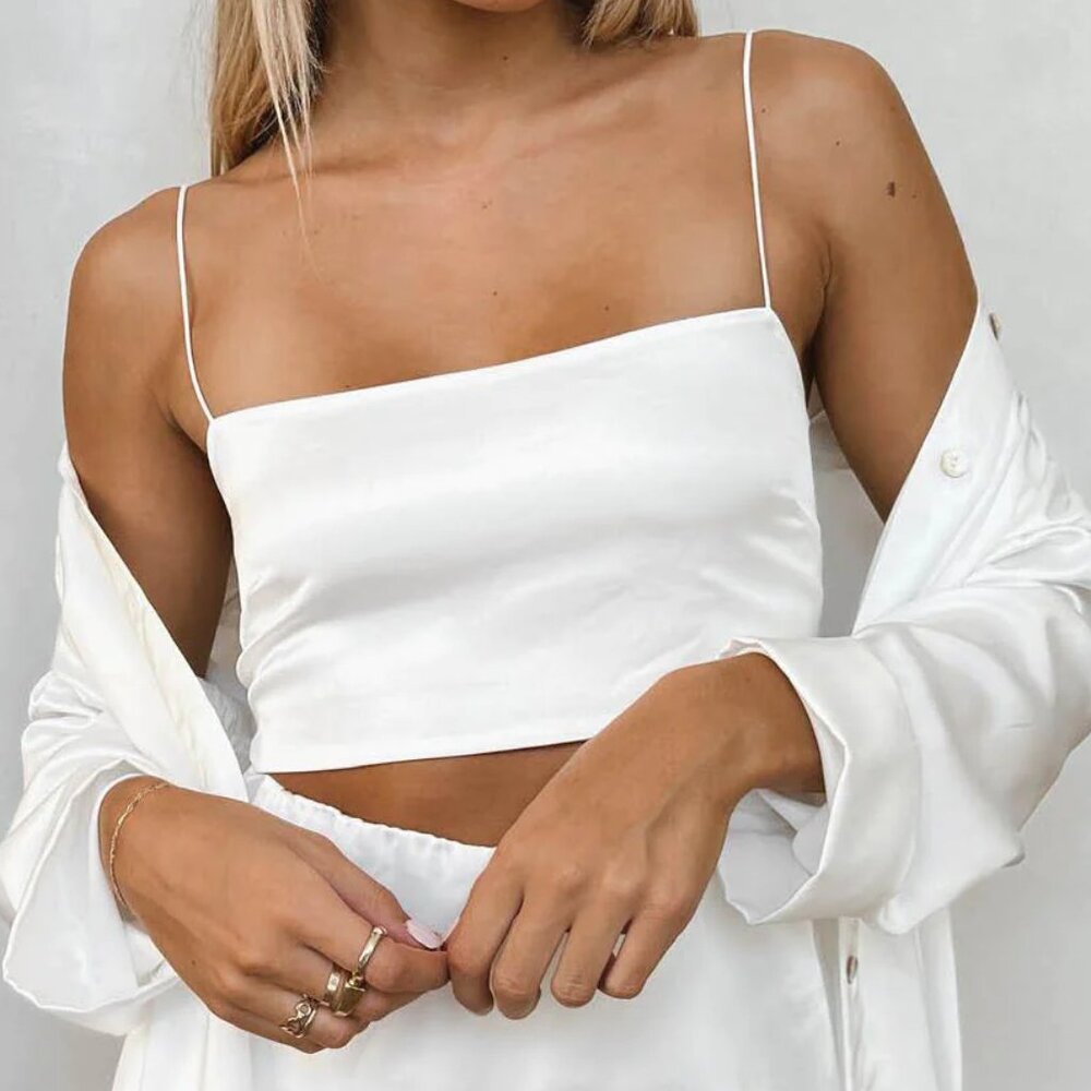 NWOT Show Me Your Mumu Tucker Top Ivory Luxe Satin Small !